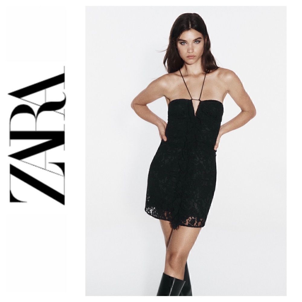 NWT Zara Black Draped Ruffle Lace Mini Dress, Size Small